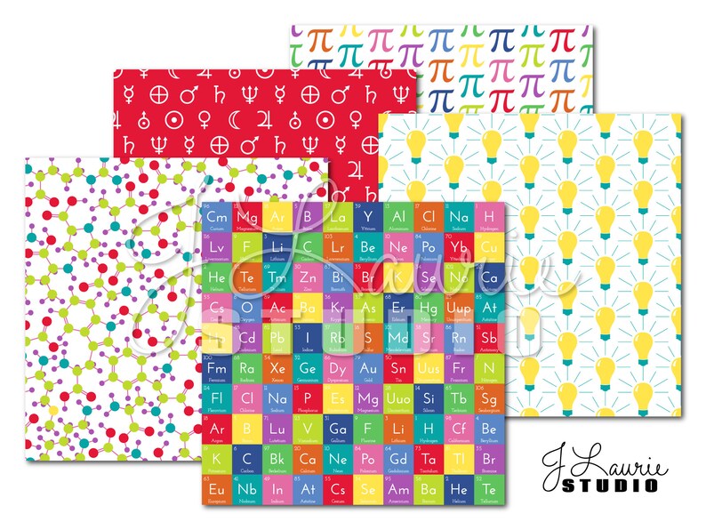 以下が含まれることがあります： 科学をテーマにしたカラフルなパターンが特徴のデジタルペーパー6枚セット。パターンには、周期表、電球、化学構造、科学と数学に関連する記号が含まれています。