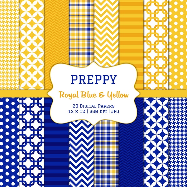 Preppy Royal Blue and Yellow-Digital Scrapbook Papers-Commercial Use-Blue and Gold-Chevron-Argyle-Plaid-Stripes-Instant Download Clip Art