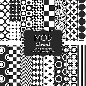 Mod Patterns-Charcoal Gray-Digital Scrapbook Papers-Commercial Use-Psychedelic-Geometric-Retro-Sixties-Printable-Instant Download Clip Art