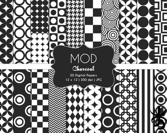 Mod Patterns-Charcoal Gray-Digital Scrapbook Papers-Commercial Use-Psychedelic-Geometric-Retro-Sixties-Printable-Instant Download Clip Art