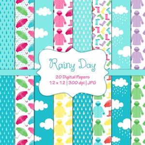 Rainy Day-Digital Scrapbook Papers-Commercial Use-Rain-Weather-Spring-Umbrellas-Raincoats-Clouds-Sky-JPG-Printable-Instant Download