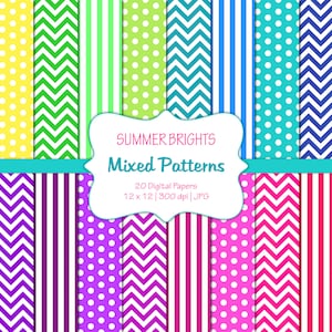 Puede incluir: Un conjunto de 20 papeles digitales con una variedad de patrones coloridos, que incluyen rayas, lunares y diseños de chevron. Los papeles miden 30,48 cm por 30,48 cm y 300 ppp. El texto "SUMMER BRIGHTS Mixed Patterns" se muestra en una pancarta blanca.