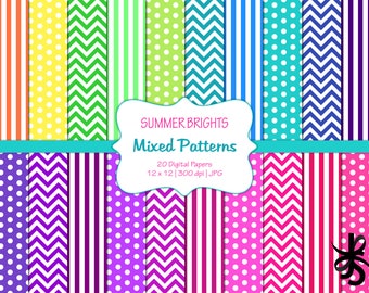 May include: A set of 20 digital papers featuring a variety of colourful patterns, including stripes, polka dots, and chevron designs. The papers are 12 inches by 12 inches and 300 dpi. The text "SUMMER BRIGHTS Mixed Patterns" is displayed in a white banner.