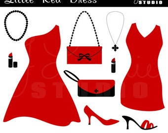 Little Red Dress Digital Clipart-Cocktail Party-Fashion-Shoes-Bachelorette-Girls Night-Invitations-Scrapbooking-Instant Download Clip Art