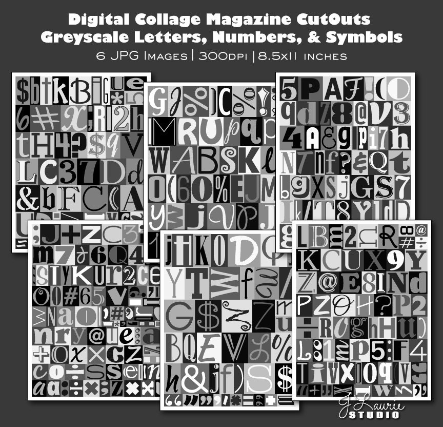 Digital Collage Sheet-Printable Magazine Cutout Alphabet-Greyscale-Letters-Numbers-Punctuation-Ransom Note-Black-Instant Download Clip Art