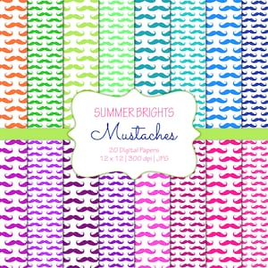 Bigodes-Cores brilhantes de verão-Papéis de scrapbook digital-Uso comercial-Padrões masculinos-Hipster-Pai-Imprimível-Download instantâneo