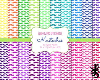 Mustaches-Summer Bright Colors-Digital Scrapbook Papers-Commercial Use-Masculine Patterns-Hipster-Father-Printable-Instant Download