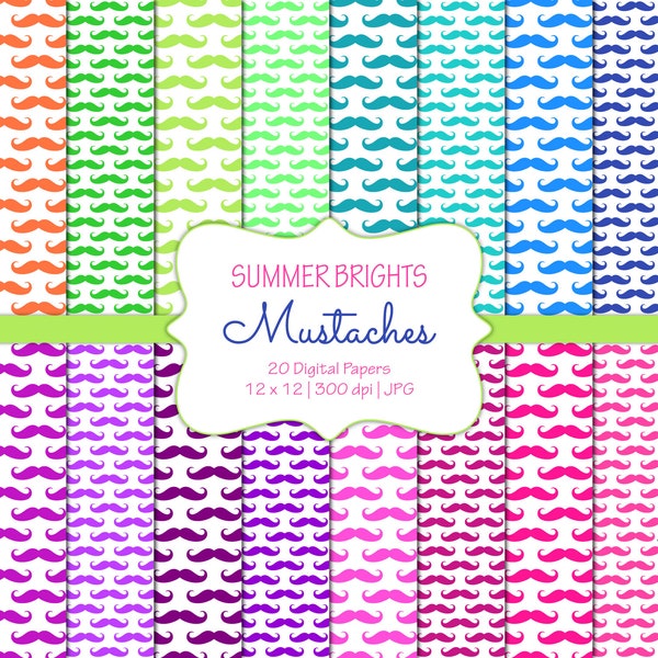 Mustaches-Summer Bright Colors-Digital Scrapbook Papers-Commercial Use-Masculine Patterns-Hipster-Father-Printable-Instant Download