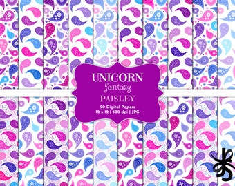 Unicorn Fantasy-Paisley-Digital Scrapbook Papers-Commercial Use-Purple-Pink-Girl-Princess-Motif-Instant Download Clip Art