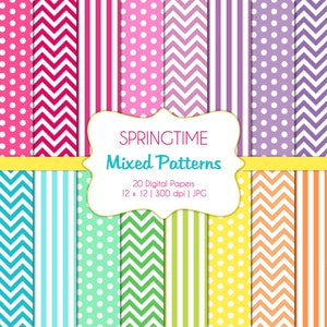 Mixed Patterns-Springtime-Digital Scrapbook Papers-Commercial Use-Stripes-Chevron-Polka Dots-Geometric-Preppy-Printable-Instant Download