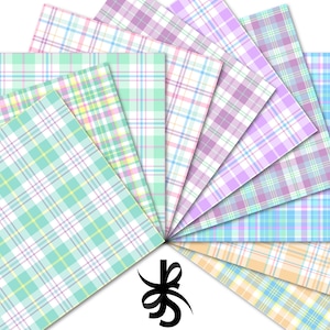 May include: A set of ten digital paper designs featuring various pastel plaid patterns. The patterns include light blue, pink, yellow, and green plaid designs.