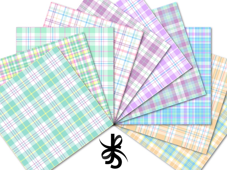 May include: A set of ten digital paper designs featuring various pastel plaid patterns. The patterns include light blue, pink, yellow, and green plaid designs.