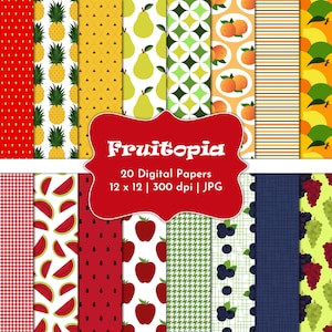 May include: A set of 20 digital papers featuring various fruit patterns. The papers are 12 inches by 12 inches and 300 dpi. The patterns include strawberries, pineapples, pears, oranges, lemons, limes, watermelons, cherries, apples, blueberries, grapes, and polka dots.