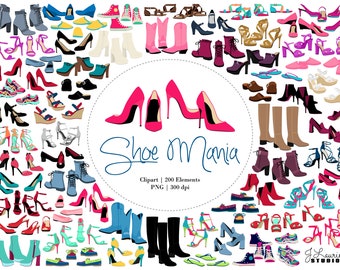 Könnte beinhalten: Eine Sammlung von 200 bunten Schuh-Illustrationen, darunter Sandalen, Stiefel, Sneaker und High Heels. Das Bild zeigt den Text "Shoe Mania" und "Clipart | 200 Elements | PNG | 300 dpi".