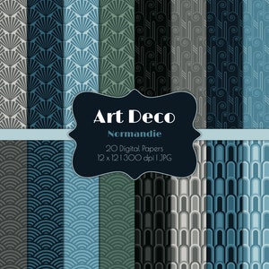 Art Deco-Normandie-Digital Scrapbook Papers-Commercial Use-Blue-Geometric-Retro-Great Gatsby-Backgrounds-Patterns-Instant Download Clip Art