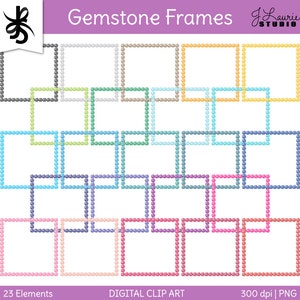 Könnte beinhalten: Ein Set mit 23 digitalen Clipart-Rahmen mit Edelstein-inspirierten Designs. Die Rahmen sind in verschiedenen Farben, darunter Schwarz, Grün, Blau, Lila, Rosa und Orange. Die Rahmen sind perfekt, um Ihren digitalen Projekten einen Hauch von Glanz zu verleihen.