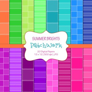 May include: A set of 20 digital papers featuring a patchwork design with a summery color palette. The papers are 12 inches by 12 inches and 300 dpi. The text "SUMMER BRIGHTS Patchwork" is displayed on a white banner.