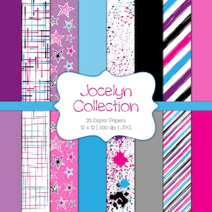 ジョセリン コレクション - ロックスター ガール - デジタル スクラップブック ペーパー - 商用利用 - ロック & ロール - スター - グラフィティ - ペイント スプラッター - 80 年代 - トゥイーン パーティー