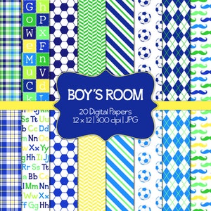 May include: A set of 20 digital papers in a blue, green, and yellow color scheme. The papers feature various patterns, including soccer balls, mustaches, plaid, and alphabet letters. The papers are 12 inches by 12 inches and 300 dpi.