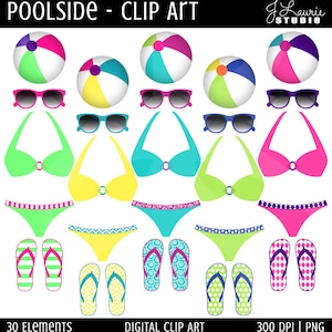 Poolside Digital Clipart-Scrapbooking-Invitations-Flip Flops-Beach Balls-Bikinis-Sunglasses-Beach-Pool Party-Instant Download Clip Art