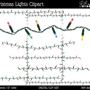 May include: Five digital clip art images of colorful Christmas lights strung in a wavy pattern to form a frame. The lights are red, orange, yellow, green, blue, and pink. The text "Christmas Lights Clipart" is at the top of the image. The text "5 Elements | 12" wide" is at the bottom left of the image. The text "DIGITAL CLIP ART" is at the bottom center of the image. The text "300 dpi | PNG" is at the bottom right of the image.