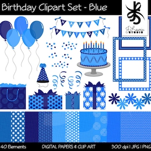 Birthday Clipart & Digital Paper Set-Blue-Girl-Celebration-Party-Scrapbooking-Card Making-Balloons-Banners-Cake-Instant Download Clip Art