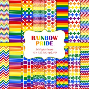 Rainbow Pride-Digital Scrapbook Papers-Uso comercial-Corazones-Chevron-Colores primarios-LGBT-Fondos-Descarga instantánea Clip Art