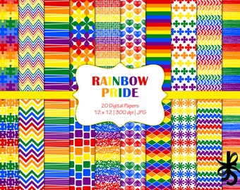 Rainbow Pride-Digital Scrapbook Papers-Commercial Use-Hearts-Chevron-Primary Colors-LGBT-Backgrounds-Instant Download Clip Art