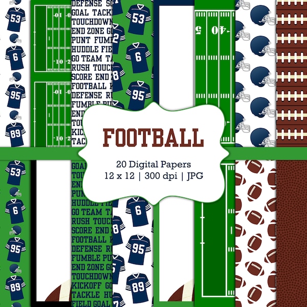 Football-Digital Scrapbook Papers-Commercial Use-School Team-Touchdown-Jersey-Quarterback-Field-Green-Sports Theme-Instant Download Clip Art