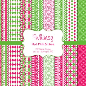 May include: A digital paper pack with 20 different patterns in hot pink and lime green. The patterns include swirls, diamonds, polka dots, and stripes. The pack is 12x12 inches and 300 dpi.