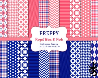 Carta per album digitali Preppy blu reale e rosa - Uso commerciale - Motivo a righe blu navy, chevron, argyle, scozzese - Motivo da ragazza - Clip art con download immediato