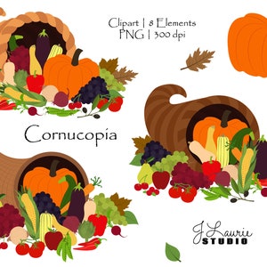 Cornucopia-Digital Clipart-Commerciale Uso-Ringraziamento-Corno dell'abbondanza-Raccolto-Autunno-Zucca-Scrapbook Elements-Instant Download Clip Art