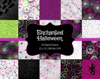 May include: A set of 20 digital papers featuring a variety of Halloween-themed patterns in black, white, green, and purple. The patterns include swirls, spiderwebs, and cracked textures. The text "Enchanted Halloween" is displayed in a black banner.