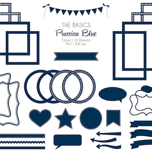 Puede incluir: Un conjunto de 34 elementos de clipart digital azul prusiano, que incluyen marcos, pancartas, círculos, flechas y un corazón. El texto "THE BASICS Prussian Blue" está incluido en la imagen.