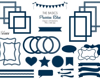 The Basics-Prussian Blue-Dark Navy-Digital Clipart-Commercial Use-Elements-Frames-Arrows-Flags-Banners-Labels-Ribbon-Border-Instant Download