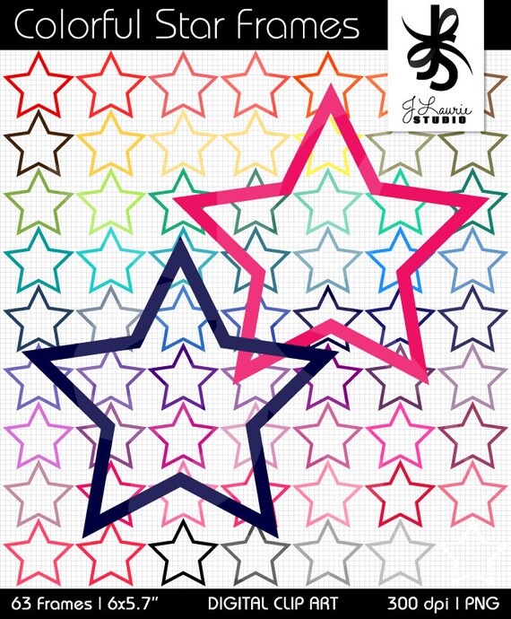 Digital Clipart Star Frames 63 Colorful Stars Rainbow Bright Colors Photo Instant Clip Art
