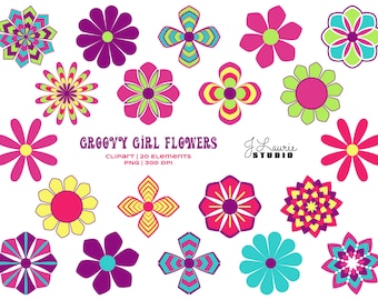 Chica con estilo - Flores - Clipart digital - Uso comercial - Años setenta y sesenta - Hippie - Álbum de recortes - Manualidades - Imprimible - Retro - Descarga instantánea