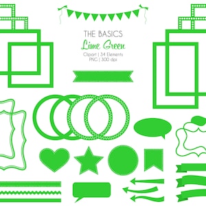 May include: A set of 34 lime green digital clipart elements, including frames, circles, banners, arrows, and a heart. The text "THE BASICS Lime Green" is included in the image.
