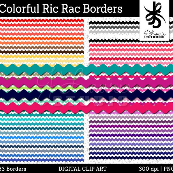 Digital Clipart-63 Colorful Ric Rac Borders-Rick Rack Trim-Rainbow Pack Digital Borders-Digital Scrapbook Elements-Instant Download Clip Art