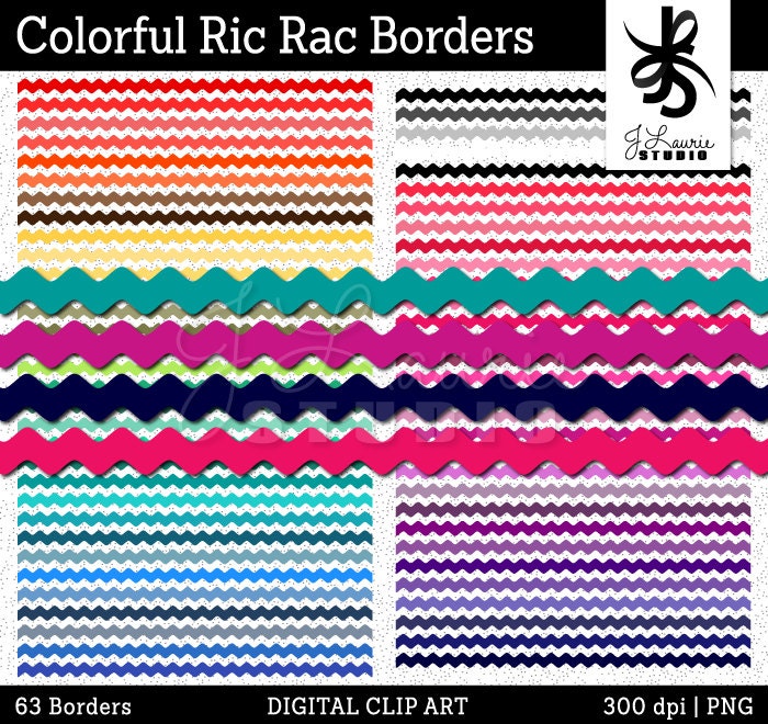 Digital Clipart-63 Colorful Ric Rac Borders-Rick Rack Trim-Rainbow Pack Digital Borders-Digital Scrapbook Elements-Instant Download Clip Art for sale  