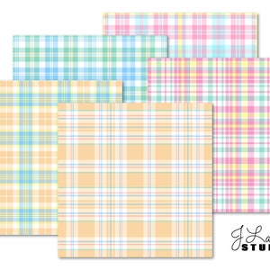 May include: Four digital paper patterns featuring a plaid design in various pastel colors, including pink, blue, yellow, and green. The patterns are perfect for crafting projects, scrapbooking, and digital design.
