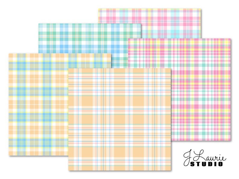 May include: Four digital paper patterns featuring a plaid design in various pastel colors, including pink, blue, yellow, and green. The patterns are perfect for crafting projects, scrapbooking, and digital design.