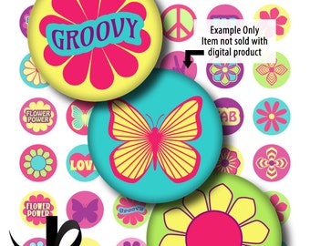 Digital Collage Sheet-Groovy Girl 1 Inch Circles-Stickers-Tiles-Pendants-Magnets-Retro-Flowers-Butterflies-Peace-Seventies-Instant Download