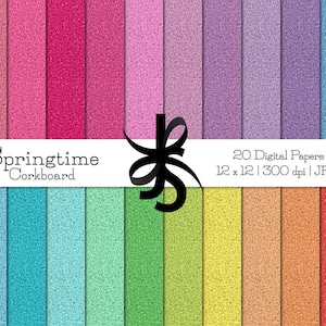 May include: 20 digital papers with a corkboard texture in various shades of pink, blue, green, yellow, orange, and red. The papers are 12 x 12 inches and 300 dpi. The text "Springtime Corkboard" is at the top of the image.