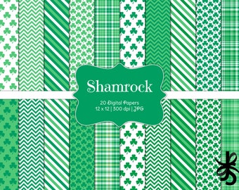 Shamrock Patterns-Digital Scrapbook Papers-Commercial Use-Saint Patrick's Day-Clover-Chevron-Green Plaid-Irish Tartan-Instant Download