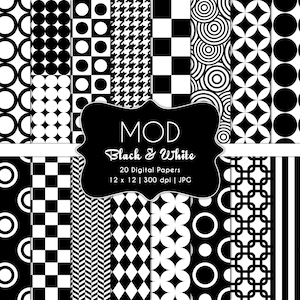 Mod Patterns-Black and White-Digital Scrapbook Papers-Commercial Use-Psychedelic-Geometric-Retro-Sixties-Printable-Instant Download Clip Art