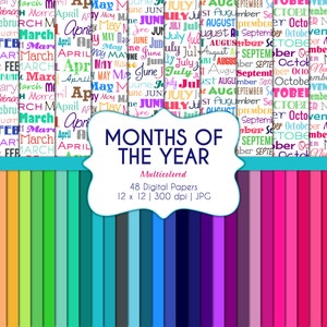 Maanden van het jaar-Digital Scrapbook Papers-Commercieel Gebruik-Calendar-12 months-Multicolored-Typography-Seasons-Instant Download Clip Art