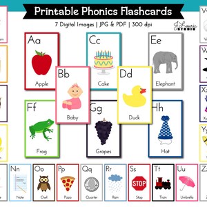 Puede incluir: Cartas de fon&eacute;tica imprimibles con ilustraciones coloridas y letras del alfabeto. Cada carta presenta una letra diferente y una imagen correspondiente, como una manzana para 'A' y una rana para 'F'.