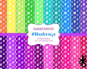 Hashtags-Summer Bright Colors-Digital Scrapbook Papers-Commercial Use-Social Media Graphics-Pink-Orange-Blue-Printable-Instant Download