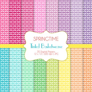 Tinted Basketweave-Springtime-Digital Scrapbook Papers-Commercial Use-Geometric-Basket-Gingham-Pink-Blue-Green-Printable-Instant Download